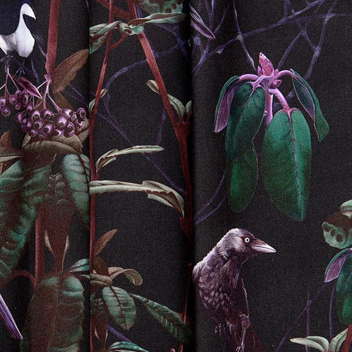 witch-and-watchman-folia-dark-fabric-birds-brances-white-cotton-panama-background-whimsical-crow-plant-leaves-print-dark-black-base