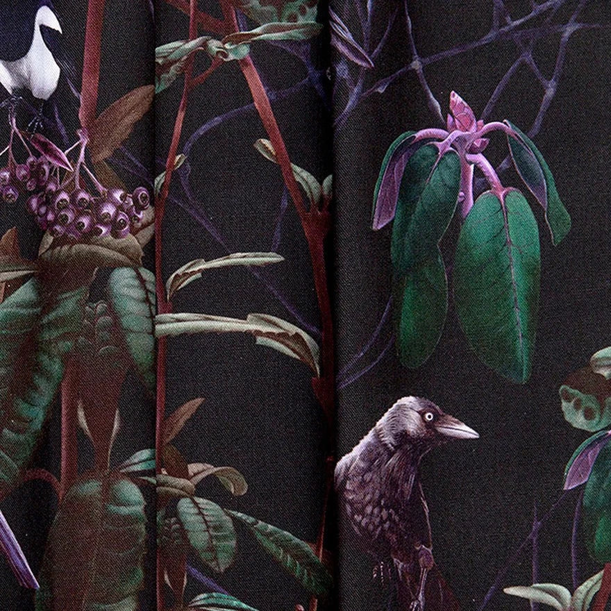 witch-and-watchman-folia-dark-fabric-birds-brances-white-cotton-panama-background-whimsical-crow-plant-leaves-print-dark-black-base