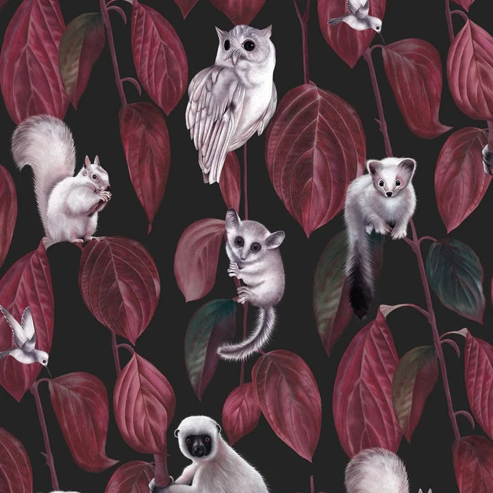 witch-and-watchnman-siberia-fabric-mysterious-creatures-red-vine-leaves-animals-vole-monkey-squirrels-owls-illustrated-fabric-blackdark-background