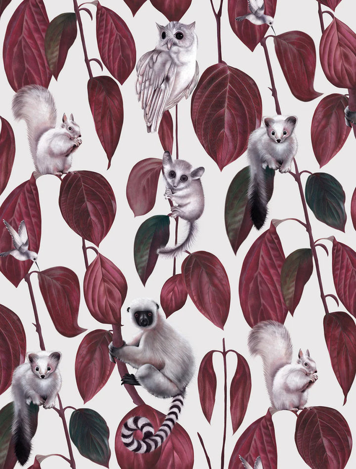 witch-and-watchnman-siberia-fabric-mysterious-creatures-red-vine-leaves-animals-vole-monkey-squirrels-owls-illustrated-fabric-light-white-background-red-green-black-print