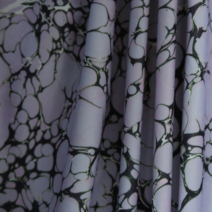 Poodle-and-blonde-margate-fabric-linen-textile-printed-marble-bubbles-Lavender-lilac-purple-black-swirl-pattern-retro