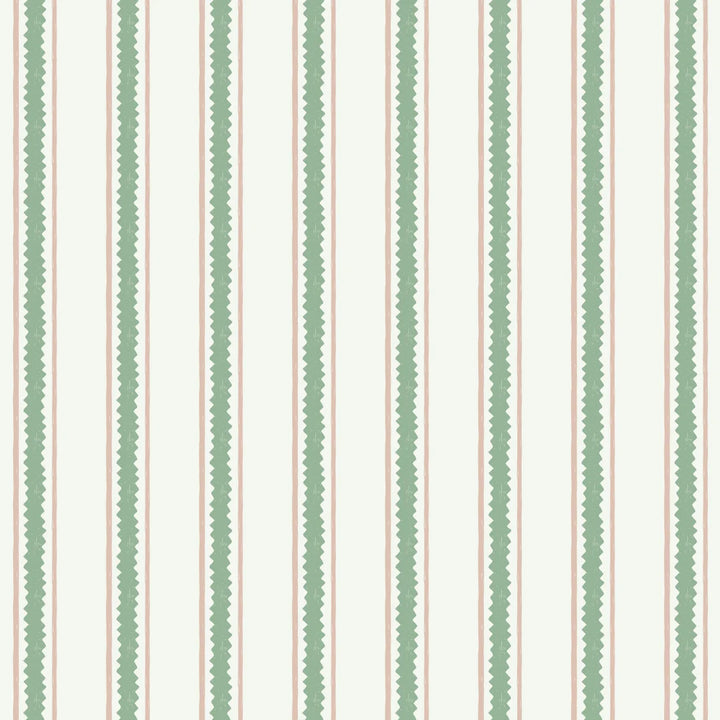 Annika-Reed-wallpaper-zig-and-zag-pattern-yellow-Pink-Zag-jagged-edge-green-stripes-within-pink-stripes-white-background-elegant-wallpaper