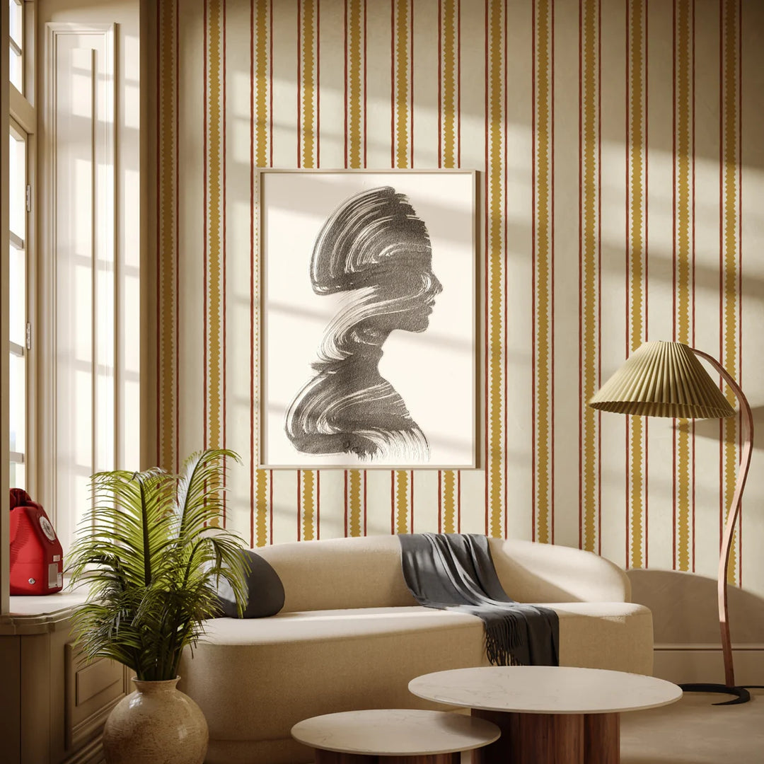 Annika-Reed-wallpaper-zig-and-zag-pattern-yellow-mustard-jagged-edge=stripes-within-stripes-white-background-elegant-wallpaper
