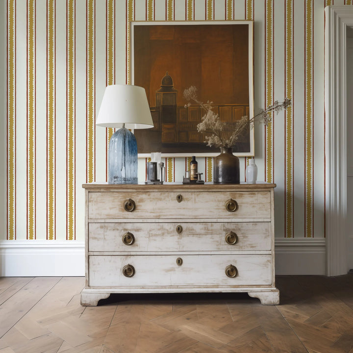 Annika-Reed-wallpaper-zig-and-zag-pattern-yellow-mustard-jagged-edge=stripes-within-stripes-white-background-elegant-wallpaper    