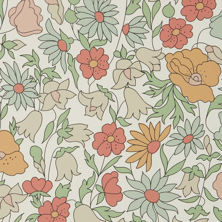 Liberty-fabrics-wallpaper-meadowfield-wallpaper-lichen-ditsy-print-yellow-green-orange-floral-daisy-floribunda-collection 
