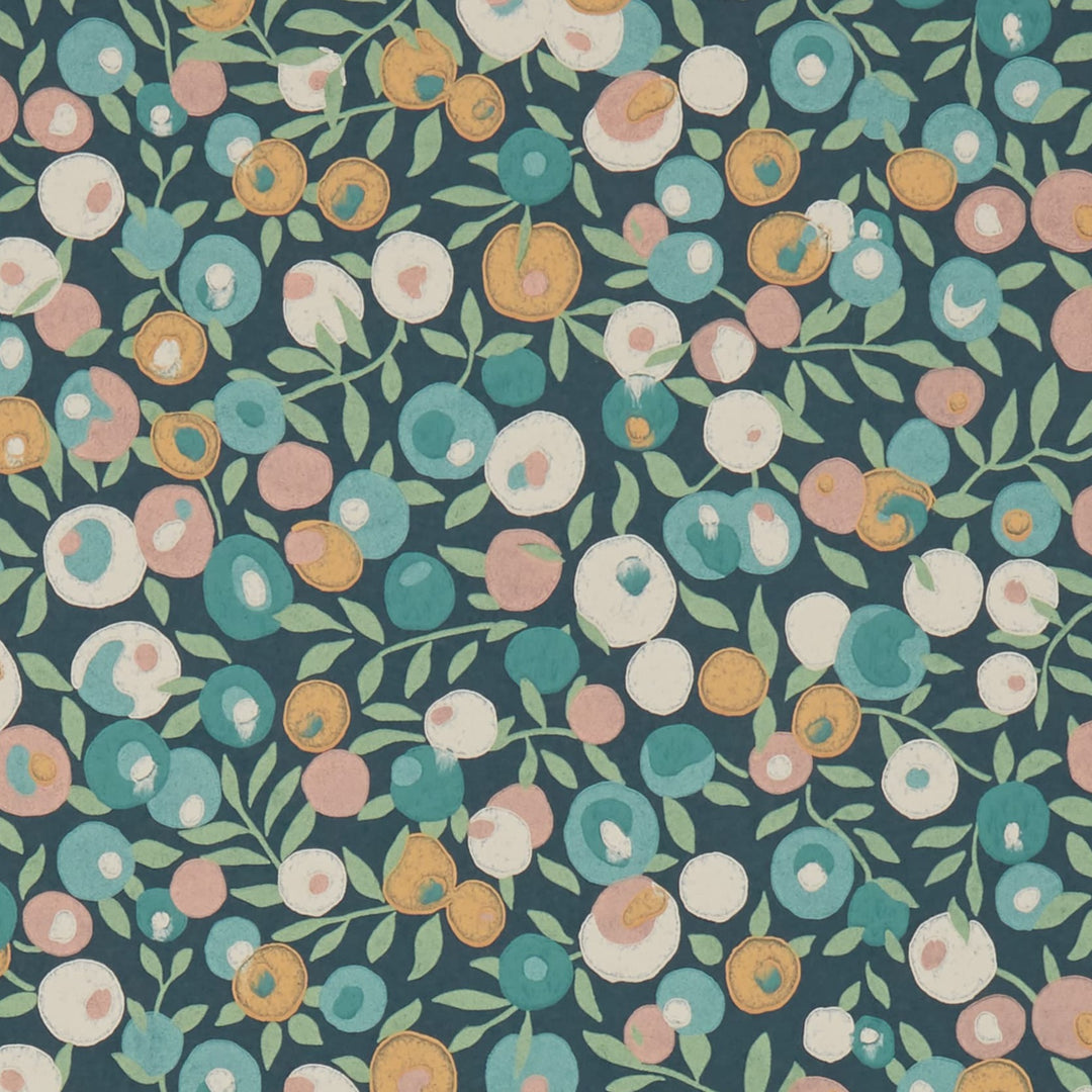 Liberty-fabrics-wallpaper-Wiltshire-Blossom-Lichen-teal-greens-peach-pink-small-ditsy-print-berry-flower-pattern-hand-blocked 