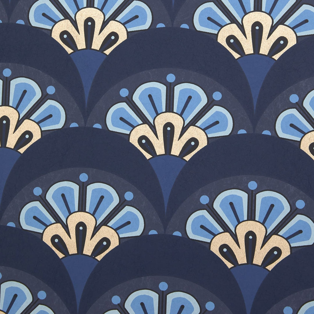 Liberty-fabrics-wallpaper-deco-scallop- 07241001C-blue-retro-navy-deco-fan-printed-navy-gold-archive-collection