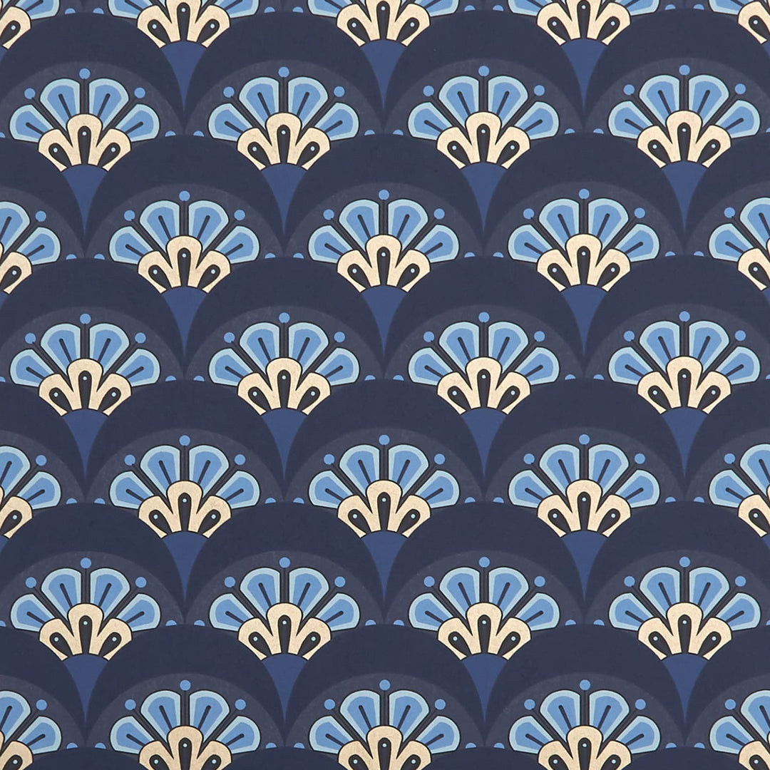 Liberty-fabrics-wallpaper-deco-scallop- 07241001C-blue-retro-navy-deco-fan-printed-navy-gold-archive-collection