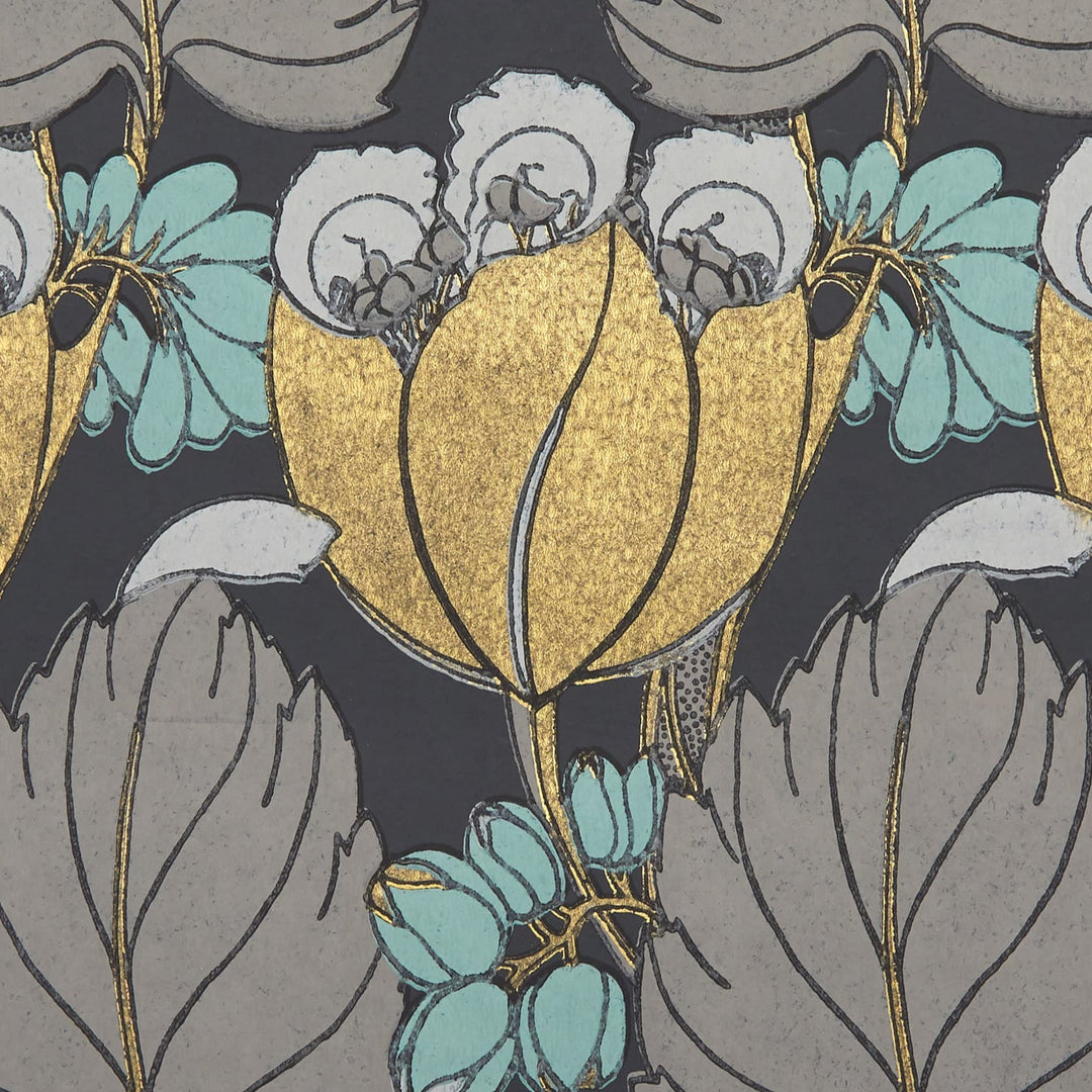 Liberty-fabrics-wallpaper-regency-tulip-in-pewter-07231002N-black-floral-gold-highlights-taupe-teal-floral-print-archive-collection-art-deco 