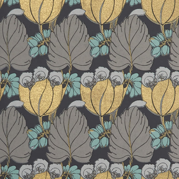 Liberty-fabrics-wallpaper-regency-tulip-in-pewter-07231002N-black-floral-gold-highlights-taupe-teal-floral-print-archive-collection-art-deco