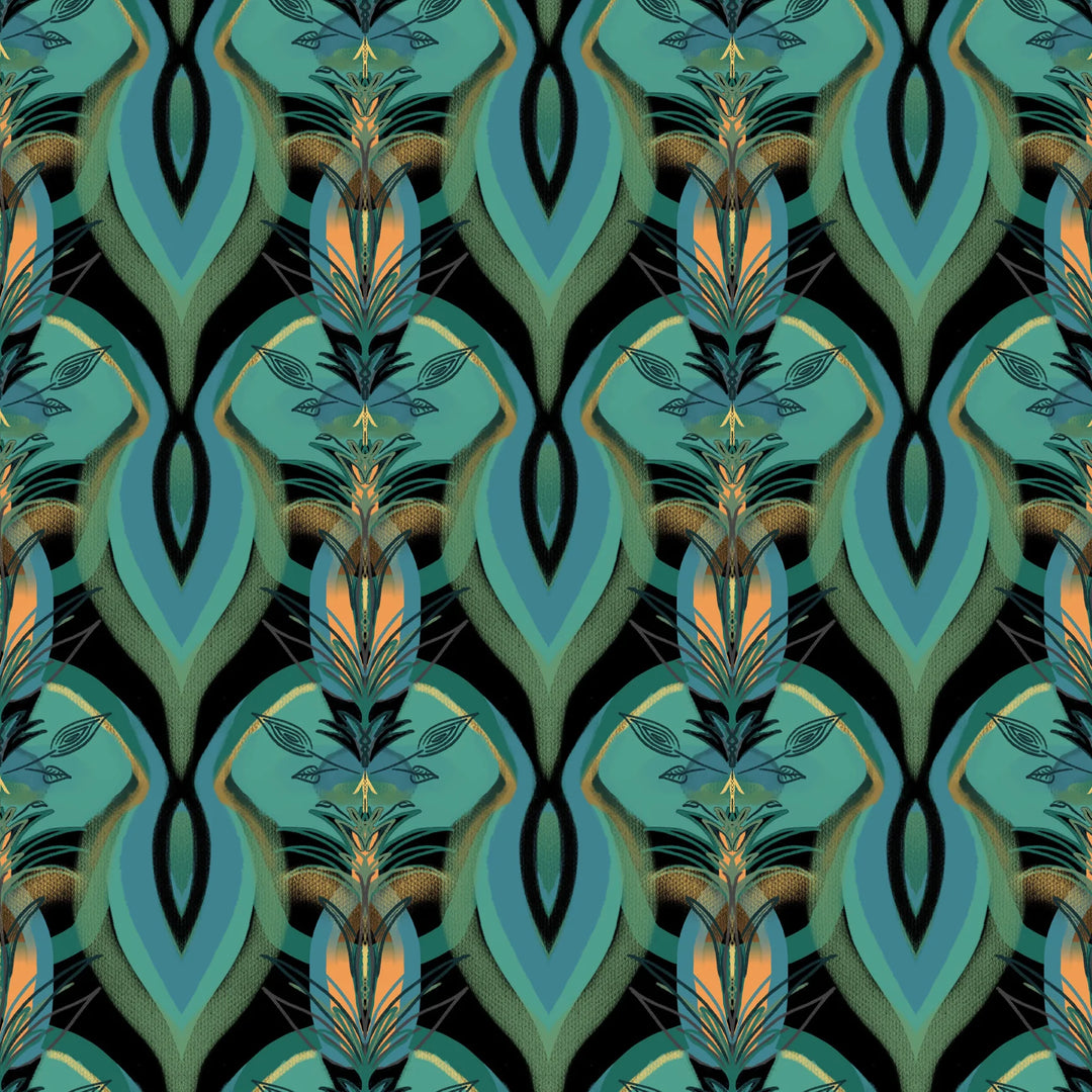 Tatie-Lou-wallpaper-Soltar-desiner-pattern-art-deco-repeat-glamourous-leaf-graphic-designer-british-UK-artisan-retro-Ink-Green-pattern