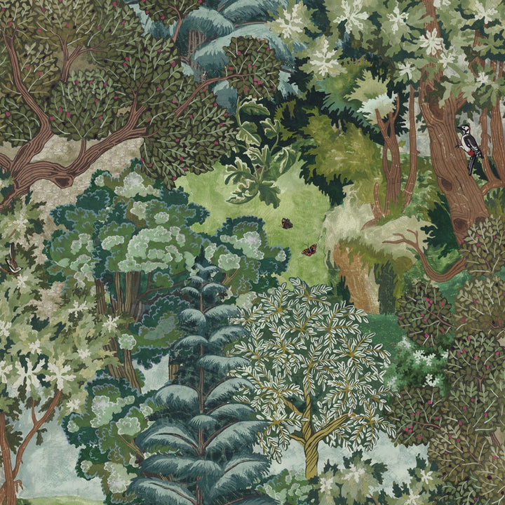 101801-Miserden-Trees-joesphine-munsey-wallpaper-woodland-scene-green-teal-cotswold-trees-bushes-animlas-floral-lush-biophillia-scene