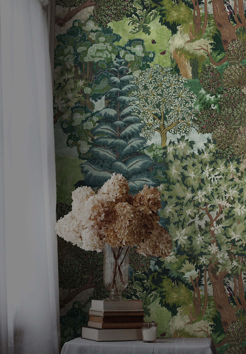 101801-Miserden-Trees-joesphine-munsey-wallpaper-woodland-scene-green-teal-cotswold-trees-bushes-animlas-floral-lush-biophillia-scene  