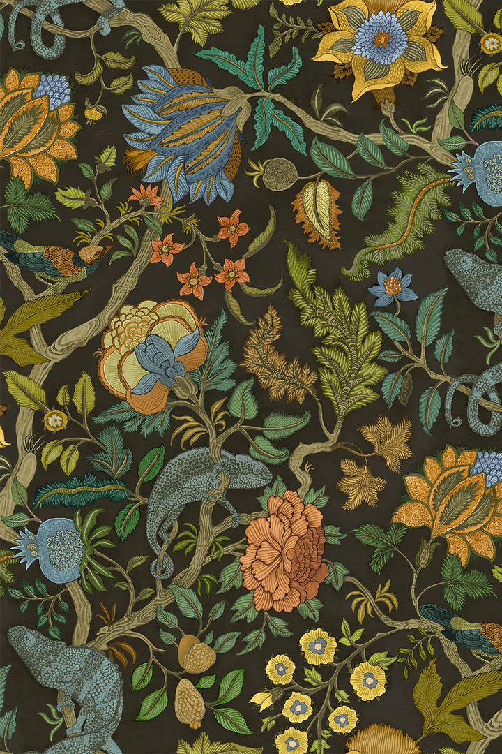 Josephine-munsey-wallpapers-interiors-chameleon-trail-floral-green-blue-black-orange-wallpaper