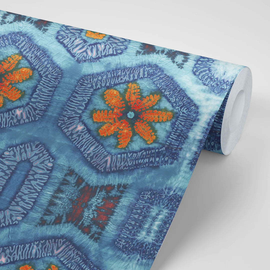 Tatie-Lou-wallpaper-Nui-Burst0repeat-boho-style-blue and tangerine-tile-repeat-pattern-embroidery-look-indigo-orange-pattern