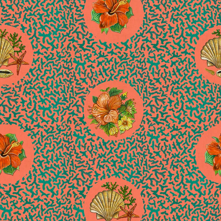 wear-the-walls-treath-wallpaper-Hawaii-style-pattern-hibiscus-print-coral-background-clementine-orange-green-patter-circular-floral-pattern
