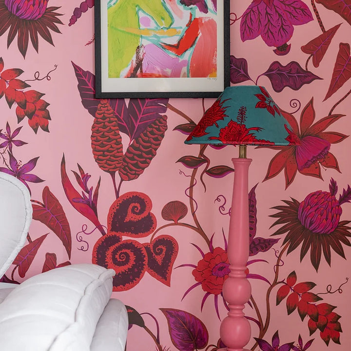 VIRP807670-wear-the-walls-vida-wallpaper-Rhodonite-pink-hot-pink-floral-red-floral-pattern-wallpaper-printed-hand-painted-design-pink-background-banana-fruits-flowers-red-fuchia-design