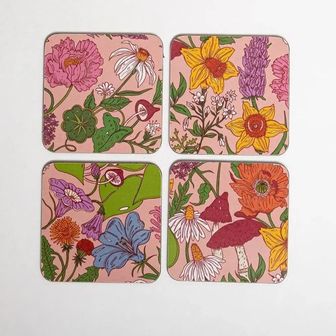 Wear-the-walls-bloom-printed-pink-floral-whimsical-print-cork-backed-coasters-mushrooms-flowers-bright-set-4-coasters