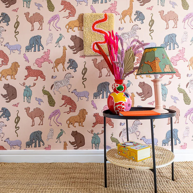 wear-the-walls-wallpaper-Assembly-animal-print-lions-zebras-tigers-snakes-birds-zoo-themed-childrens-illustrated-printed-luxury-wallpaper-pastel-pink-colour-way-children's-theme-room
