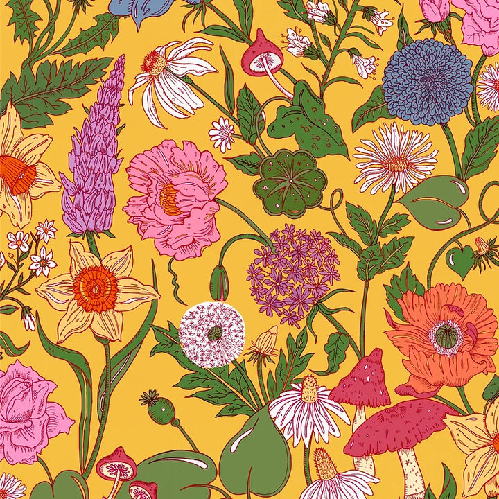 wear-the-walls-Bloom-wallpaper-mimosa-yellow-Scandi-style-floral-pattern-illustrated-print-wallpaper-luxury-designer-yellow-pink-green-red flowers-mushrooms