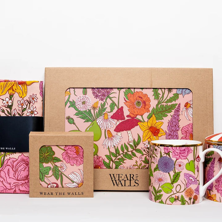 Wear-the-walls-bloom-printed-pink-floral-whimsical-print-cork-backed-coasters-mushrooms-flowers-bright-set-4-coasters