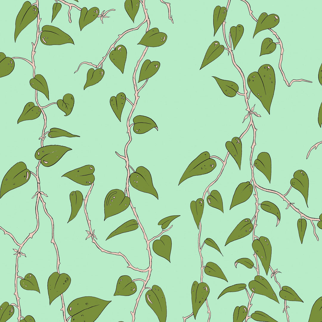 Wear-the-walls-Cascada-wallpaper-Amazonite-Turquoise-Philodendren-leaf-vine-plant-print-illustrated-artisitc-luxury-wallpaper-British 