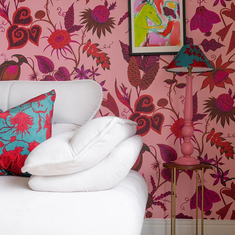 VIRP807670-wear-the-walls-vida-wallpaper-Rhodonite-pink-hot-pink-floral-red-floral-pattern-wallpaper-printed-hand-painted-design-pink-background-banana-fruits-flowers-red-fuchia-design