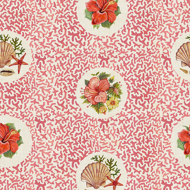 wear-the-walls-treath-wallpaper-cerise-pink-hibiscus-flora-fauna-seashalls-starfish-vivid-red-white-backgroud-coral-floral-  