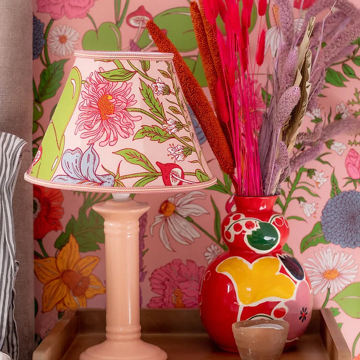 wear-the-walls-bloom-wallpaper-flamingo-pink-Scandi-style-floral-print-pattern-brights-fresh-illustrated-mushrooms-florals