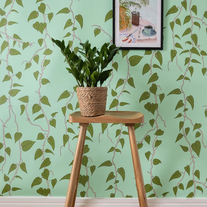 Wear-the-walls-Cascada-wallpaper-Amazonite-Turquoise-Philodendren-leaf-vine-plant-print-illustrated-artisitc-luxury-wallpaper-British