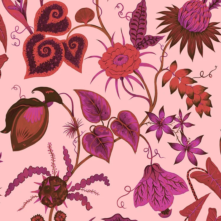 VIRP807670-wear-the-walls-vida-wallpaper-Rhodonite-pink-hot-pink-floral-red-floral-pattern-wallpaper-printed-hand-painted-design-pink-background-banana-fruits-flowers-red-fuchia-design 