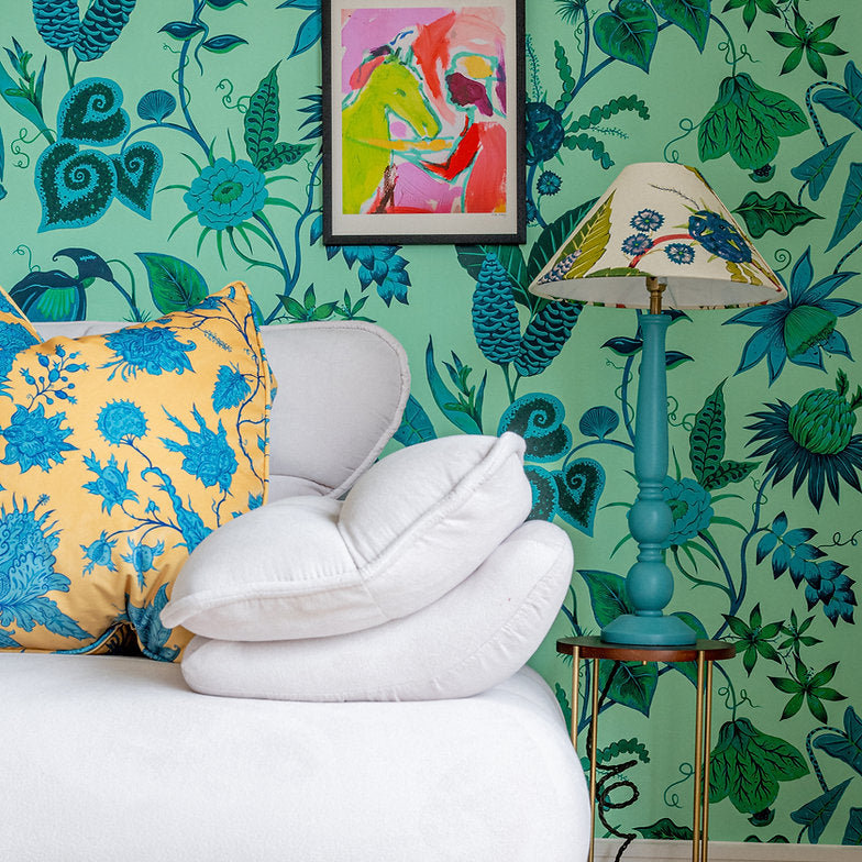 wear-the-walls-Vida-wallpaper-Amazonite-Turquoise-blues-greens-costa-rican-influenced-tropical-pattern-teals-blues-green