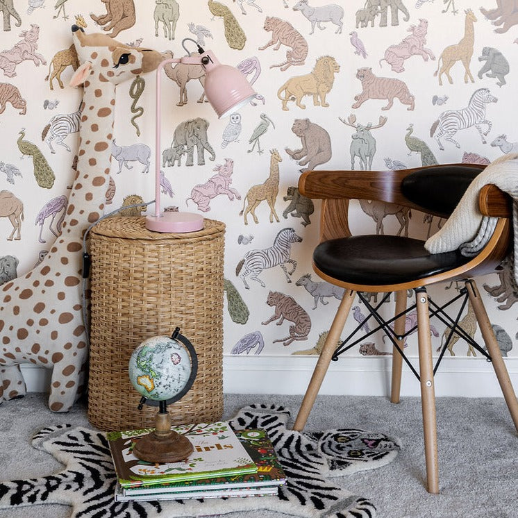 wear-the-walls-wallpaper-Assembly-animal-print-lions-zebras-tigers-snakes-birds-zoo-themed-childrens-illustrated-printed-luxury-wallpaper-neutral-cashemere-colour-way-children's-theme-room