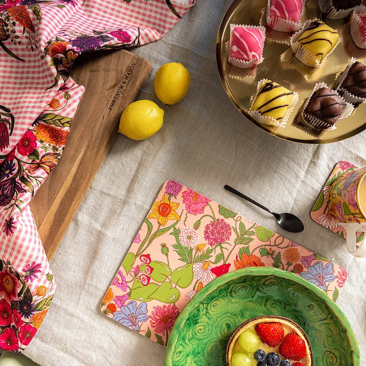 Wear-the-walls-bloom-printed-pink-floral-whimsical-print-cork-backed-placemats-mushrooms-flowers-bright-set-4-placemats