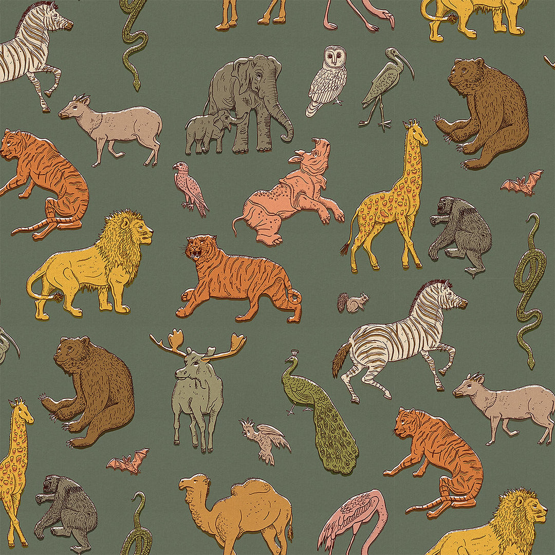 wear-the-walls-wallpaper-Assembly-animal-print-lions-zebras-tigers-snakes-birds-zoo-themed-childrens-illustrated-printed-luxury-wallpaper-khaki-green-forest-colour-way-children's-theme-room
