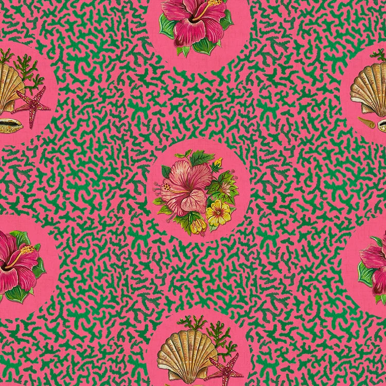 Wear-the-walls-Threath-wallpaper-cerise-pink-coarl-print-hibiscus-flower-seashells-pattern-ponk-green-retro-hawaii-stle-wallpaper-pattern