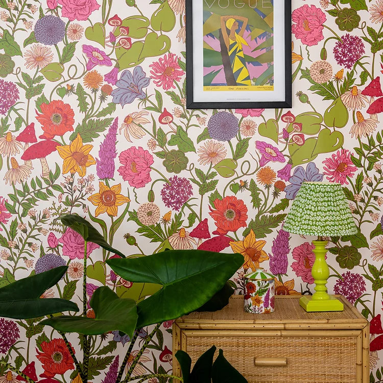 wear-the-walls-Bloom-wallpaper-Porcelain-white-floral-Scandi-print-pattern-wallpaper-luxury-print-illustrated-bright-flowers-mushrooms