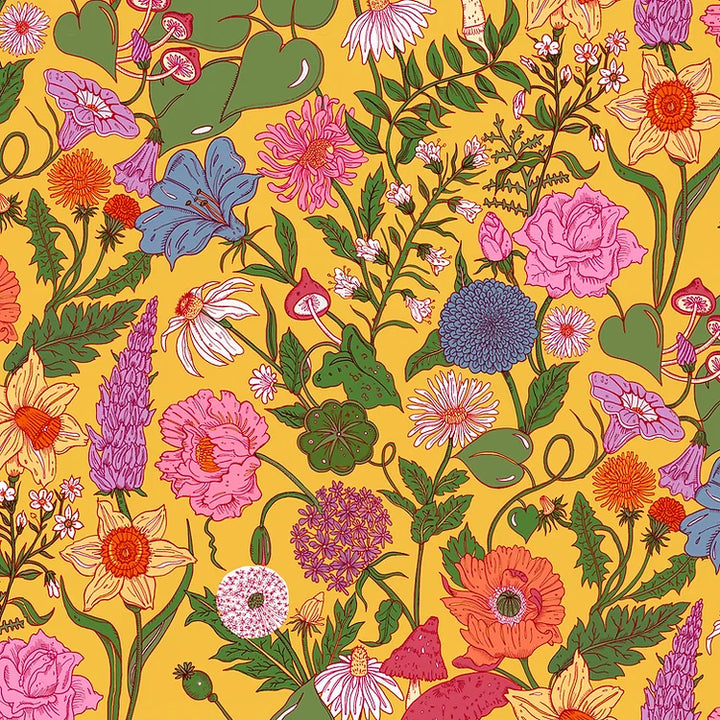 wear-the-walls-Bloom-wallpaper-mimosa-yellow-Scandi-style-floral-pattern-illustrated-print-wallpaper-luxury-designer-yellow-pink-green-red flowers-mushrooms 