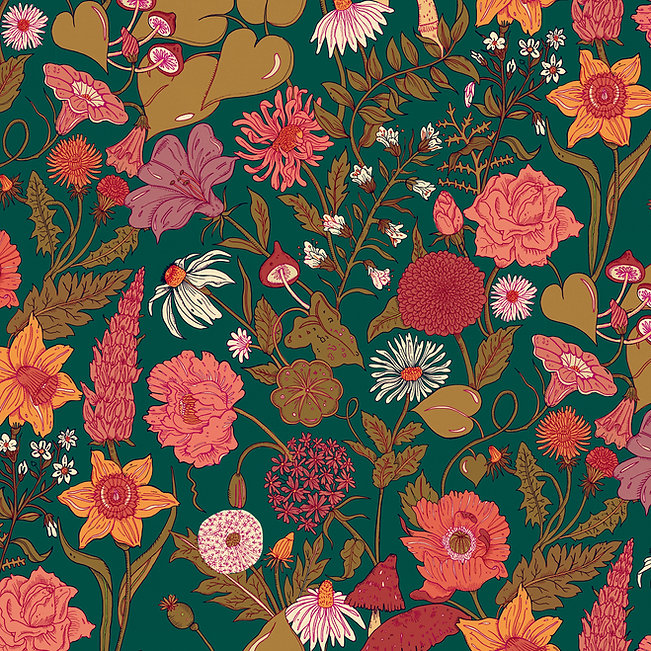 wear-the-walls-bloom-wallpaper-Autumn-teal-base-Scandi-style-floral-luxury-wallpaper-print-modern-retro-pattern