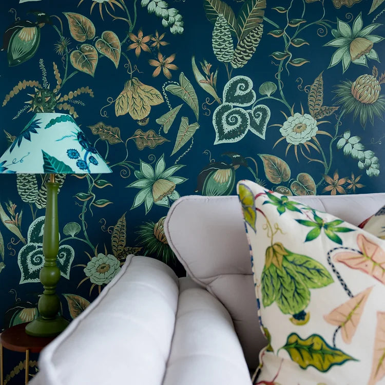 Wear-the-walls-Vida-Wallpaper-Azurite-Blue-Costa-Rican-inspired-foliage-flora-tropical-large-scale-wallpaper-british-Artidsan-designer