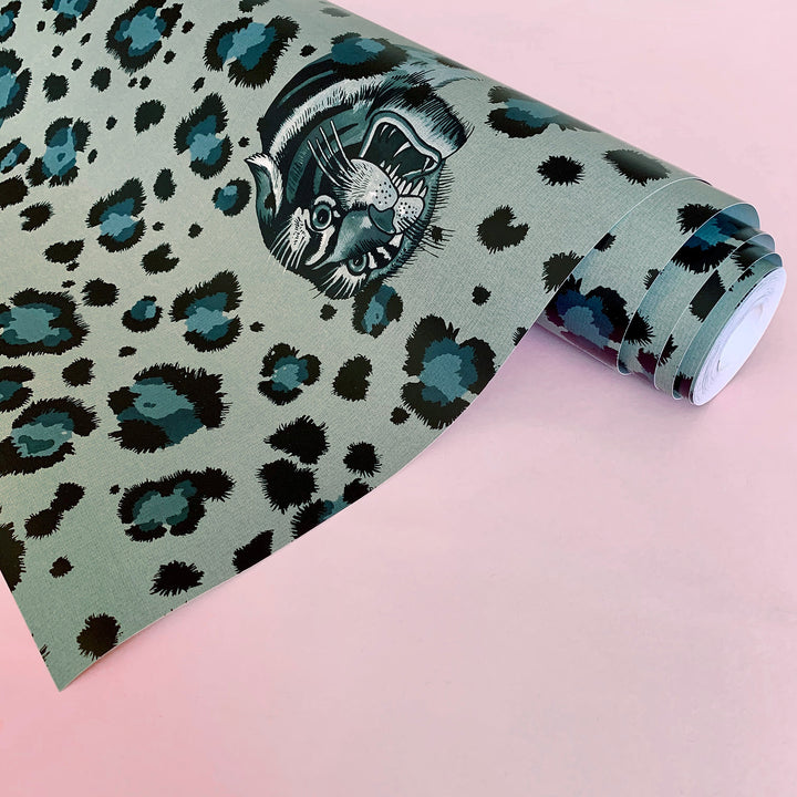 wear-the-walls-bubastis-tiger-heads-leopard-print-pattern-wallpaper-design-hand-painted-printed-UK-artisan-designer-wallpaper-sea-foam-blues-greens-teal