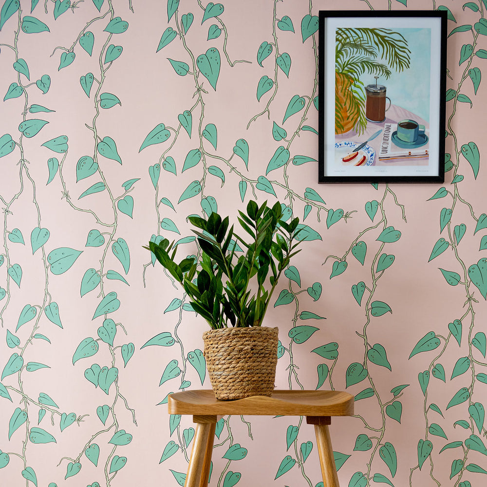 wear-the-walls-cascada-leaf-vine-trailing-print-wallpaper-leaf-pattern-Scandi-British-artisan-luxury-retro-70's-pattern-Sunstone-Pink