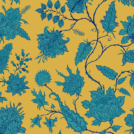 wear-the-walls-Hermonsa-wallpaper-citrine-zircon-yellow-teal-wallcovering-Indian-inspired-motif-paisleys-fauna-floral