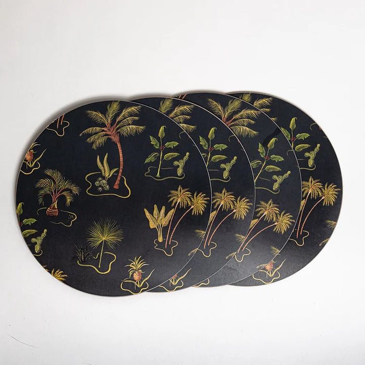 wear-the-walls-set-4-melamine-cork-backed-placemants-Bali-inspired-print-black-base-palm-island-oasis-tropical-printed-tableware-