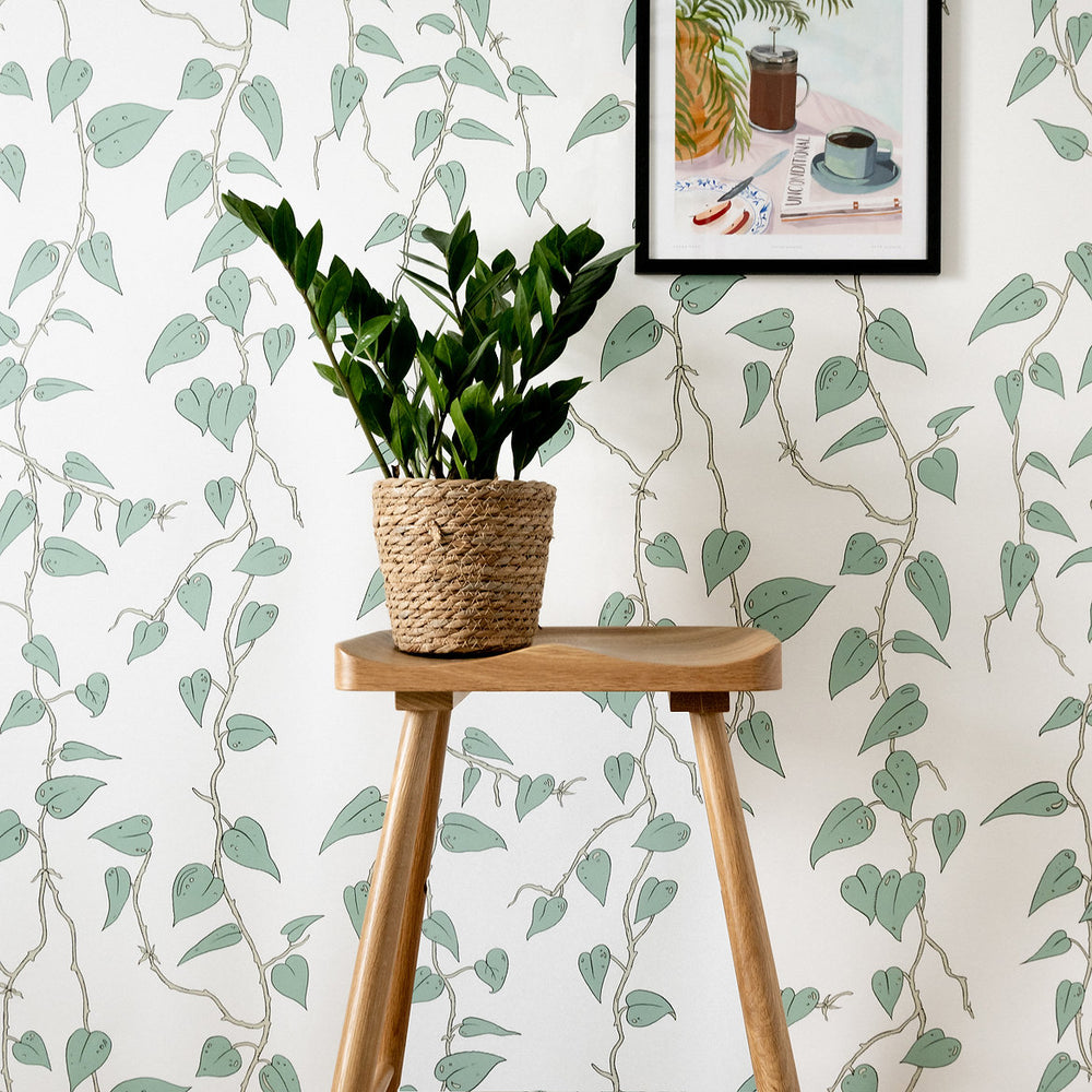 wear-the-walls-cascada-chalk-white-leaf-vine-trailing-print-wallpaper-leaf-pattern-Scandi-British-artisan-luxury-retro-70's-pattern