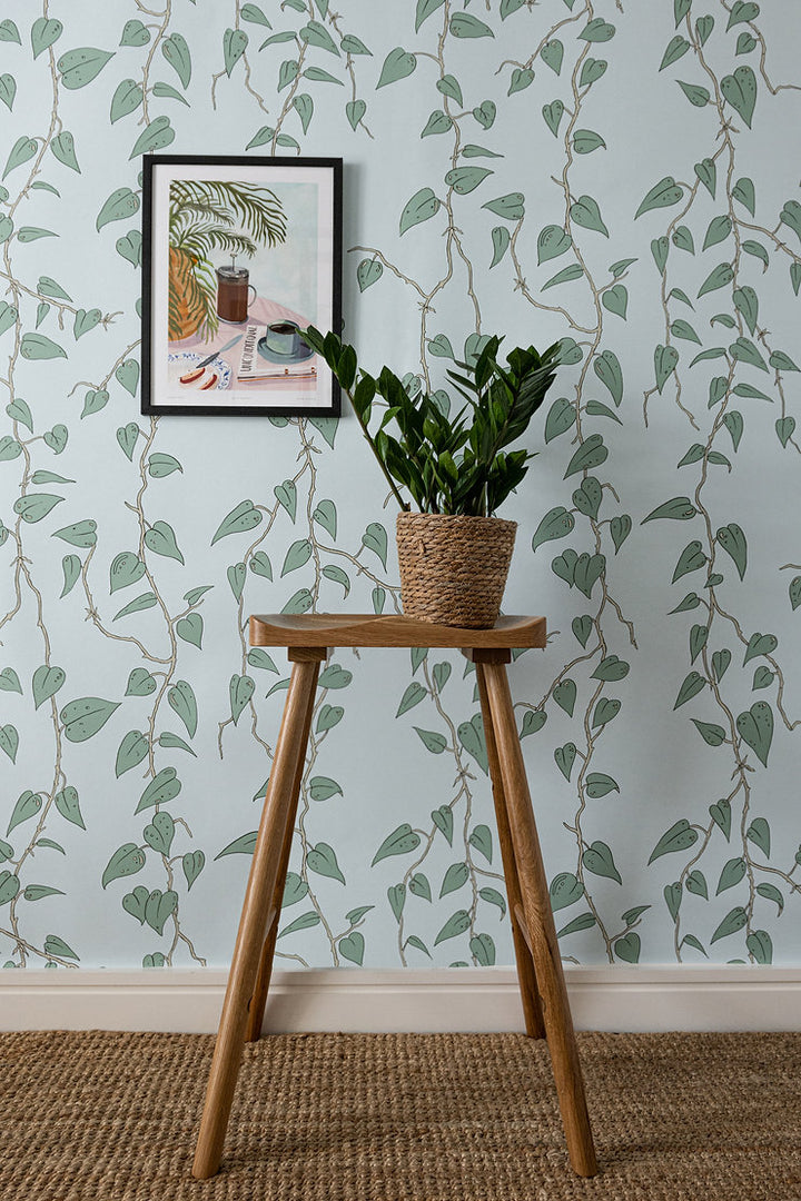 wear-the-walls-cascada-leaf-vine-trailing-print-wallpaper-leaf-pattern-Scandi-British-artisan-luxury-retro-70's-pattern-larrimar-blue-duckegg