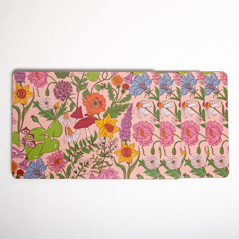 Wear-the-walls-bloom-printed-pink-floral-whimsical-print-cork-backed-placemats-mushrooms-flowers-bright-set-4-placemats