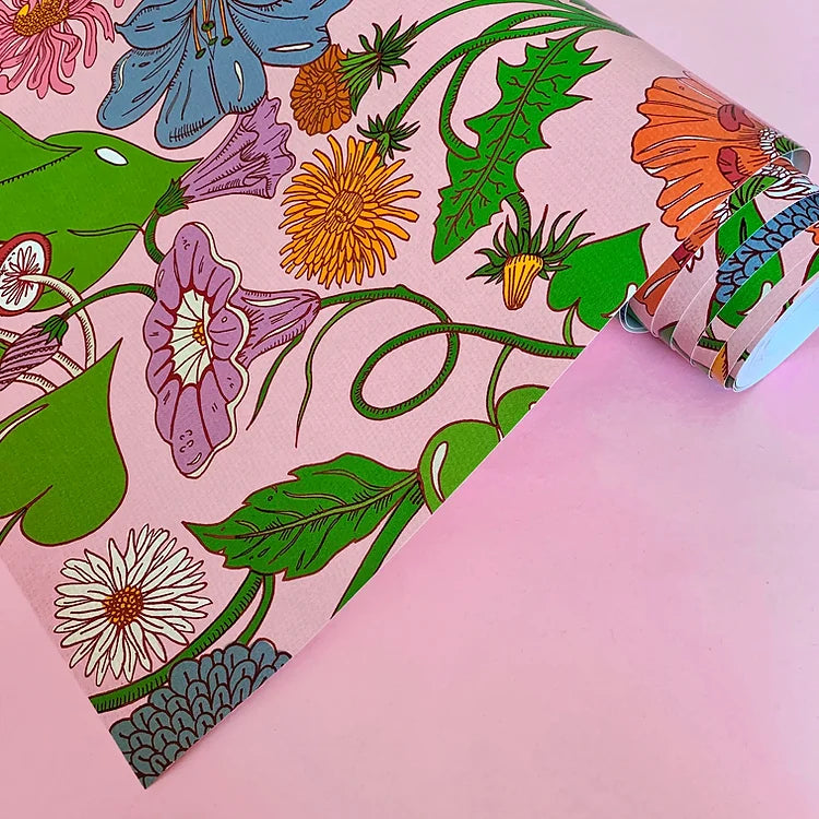 wear-the-walls-bloom-wallpaper-flamingo-pink-Scandi-style-floral-print-pattern-brights-fresh-illustrated-mushrooms-florals