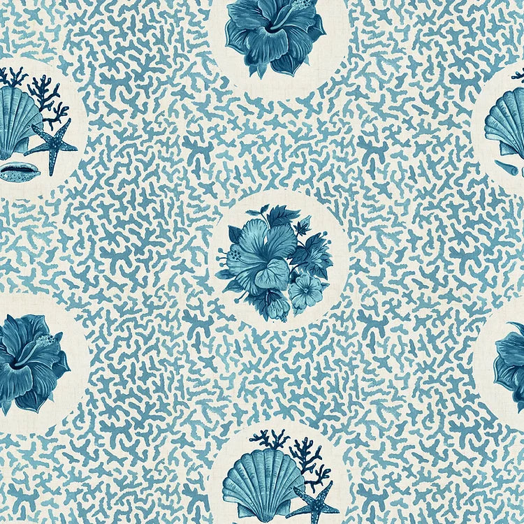wear-the-walls-threath-pattern-Hawaii-style-print-patter-coral-hibiscus-flower-blue-on-white-print-starhish-seashell-wallpaper
