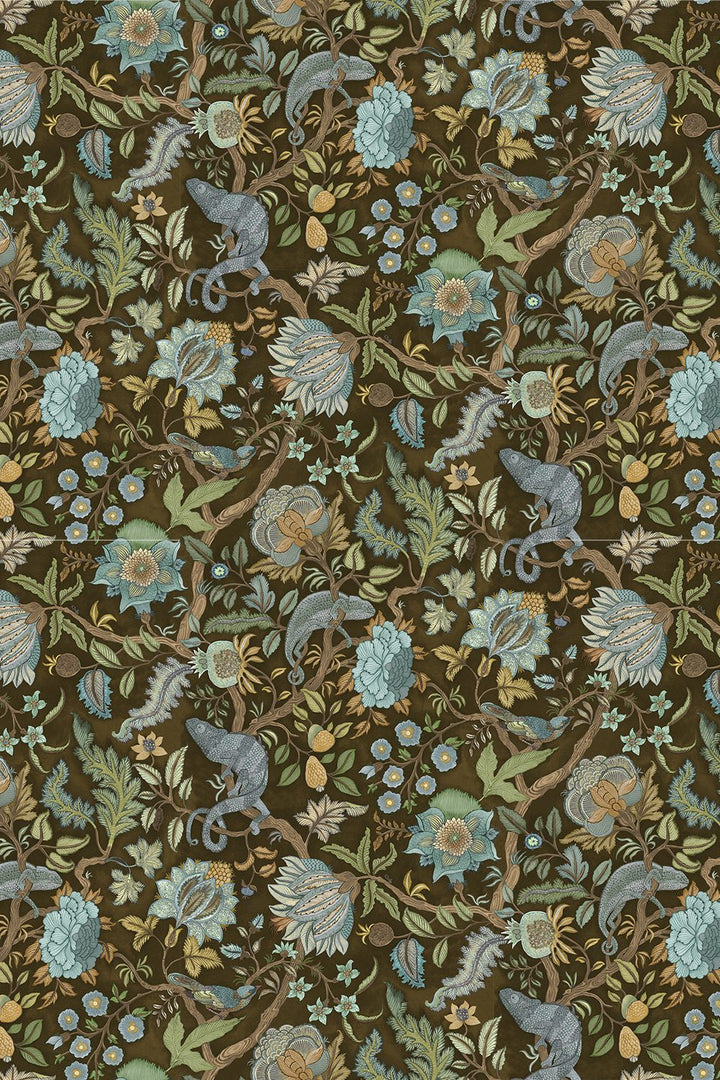 Josephine-munsey-wallpapers-interiors-chameleon-trail-floral-green-brown-light-blue-wallpaper